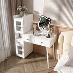 Okak Modern Vanity Desk with Irregular Shape Mirror, Makeup Vanity with 3 Drawers, 2 Open Shelves & 4 Hidden Cabinets, Makeup Desk, White