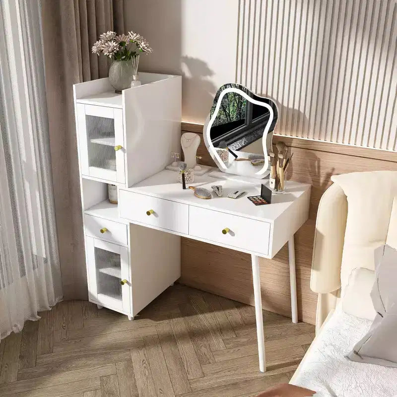 Okak Modern Vanity Desk with Irregular Shape Mirror, Makeup Vanity with 3 Drawers, 2 Open Shelves & 4 Hidden Cabinets, Makeup Desk, White