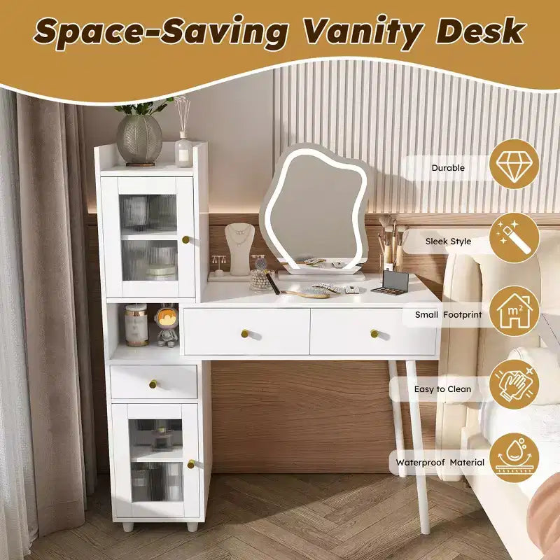 Okak Modern Vanity Desk with Irregular Shape Mirror, Makeup Vanity with 3 Drawers, 2 Open Shelves & 4 Hidden Cabinets, Makeup Desk, White