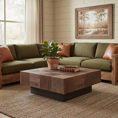 40 Brown and Black Solid Wood Square Block Coffee Table