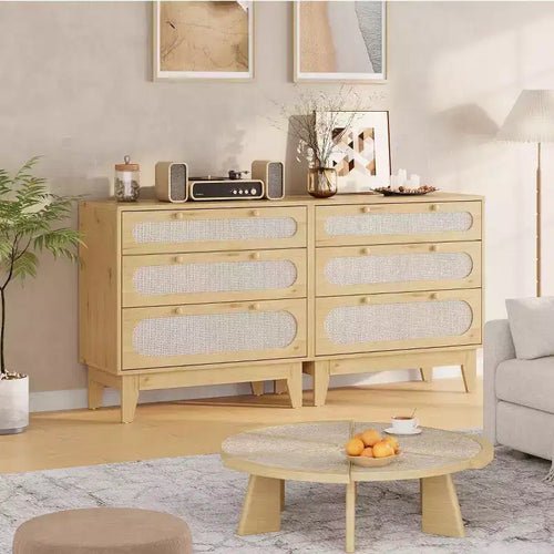 3 Drawer Rattan Dresser for Bedroom, Set of 2 Modern Wooden Dresser Chest with Handles for Bedroom,Anti-Tip Design,Hallway and Living Room