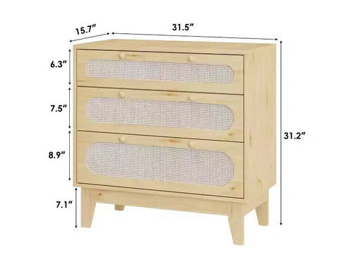 Cassettiera a 3 cassetti in rattan per camera da letto, Comò moderno in legno con maniglie per camera da letto, Design anti-ribaltamento, Adatta per corridoio e soggiorno