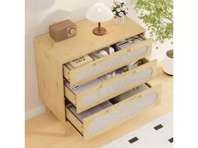 3 Drawer Rattan Dresser for Bedroom, Set of 2 Modern Wooden Dresser Chest with Handles for Bedroom,Anti-Tip Design,Hallway and Living Room