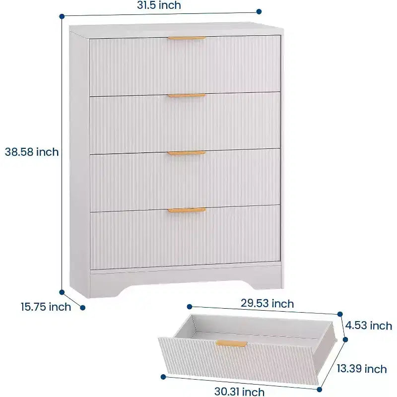 55 White Wave Panel 4-Drawer Dresser, Tall Storage Cabinet with Wood Tone Finish, Multi-Functional Organizer for Nursery Hallway Living Room