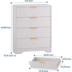 55 White Wave Panel 4-Drawer Dresser, Tall Storage Cabinet with Wood Tone Finish, Multi-Functional Organizer for Nursery Hallway Living Room
