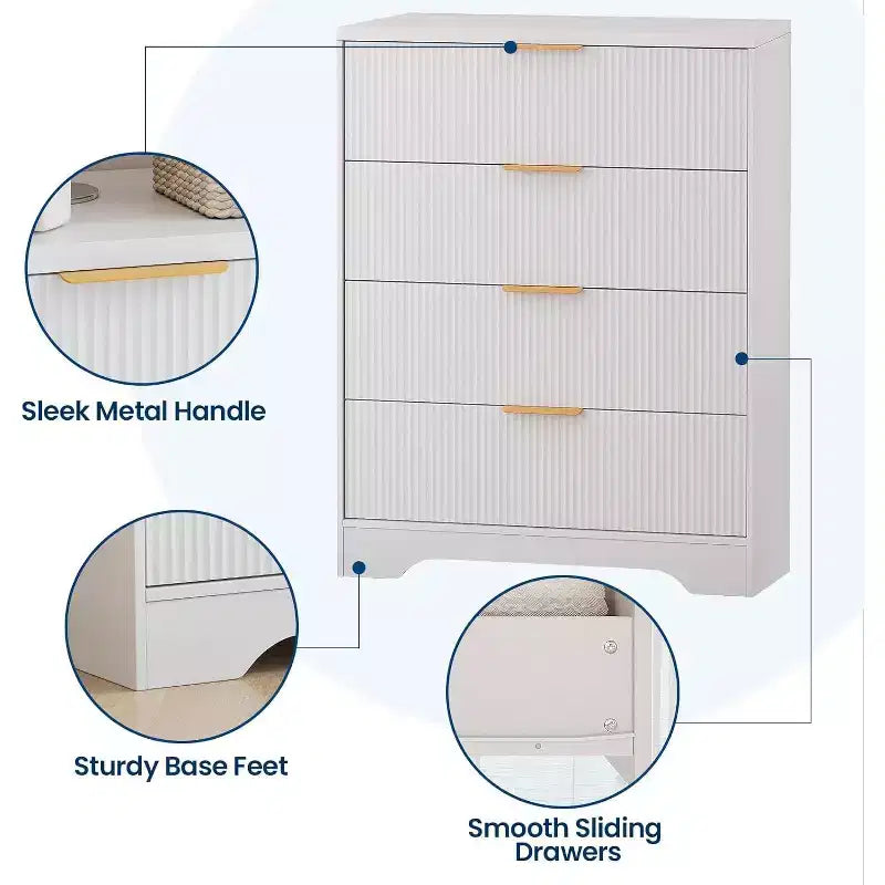 55 White Wave Panel 4-Drawer Dresser, Tall Storage Cabinet with Wood Tone Finish, Multi-Functional Organizer for Nursery Hallway Living Room
