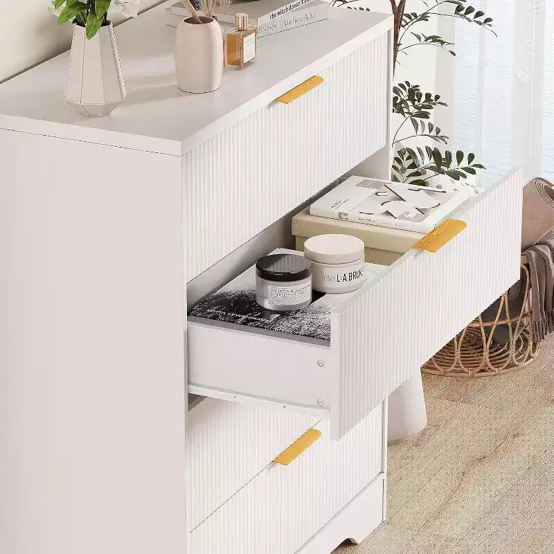 55 White Wave Panel 4-Drawer Dresser, Tall Storage Cabinet with Wood Tone Finish, Multi-Functional Organizer for Nursery Hallway Living Room