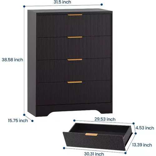 55 White Wave Panel 4-Drawer Dresser, Tall Storage Cabinet with Wood Tone Finish, Multi-Functional Organizer for Nursery Hallway Living Room
