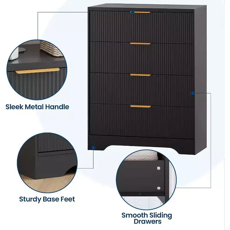 55 White Wave Panel 4-Drawer Dresser, Tall Storage Cabinet with Wood Tone Finish, Multi-Functional Organizer for Nursery Hallway Living Room