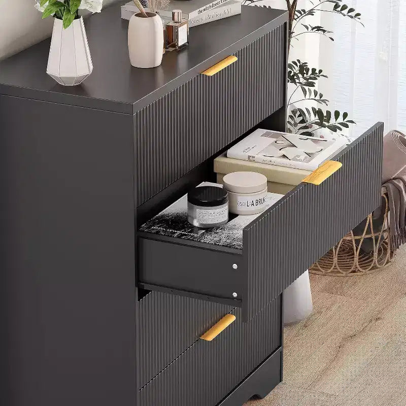 55 White Wave Panel 4-Drawer Dresser, Tall Storage Cabinet with Wood Tone Finish, Multi-Functional Organizer for Nursery Hallway Living Room