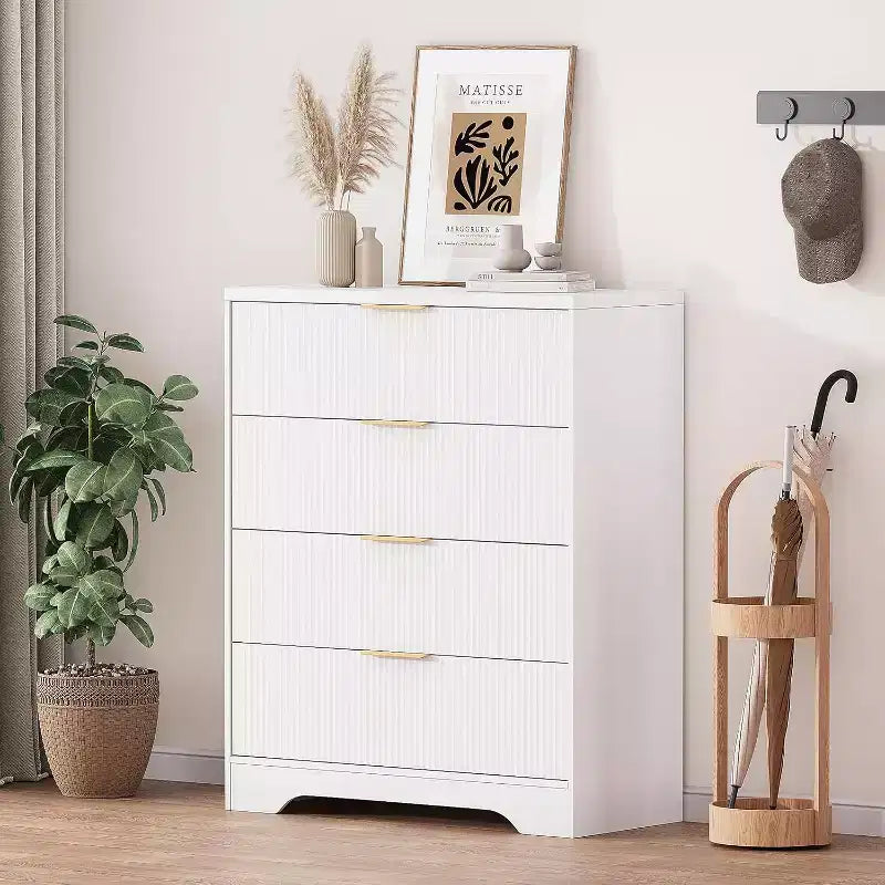 55 White Wave Panel 4-Drawer Dresser, Tall Storage Cabinet with Wood Tone Finish, Multi-Functional Organizer for Nursery Hallway Living Room