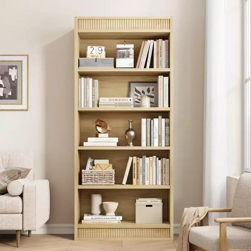 71 Farmhouse Bookcase w/Double Fluted Design, 5 Tier Tall Bookshelf with Wooden Base, Wooden Bookshelf