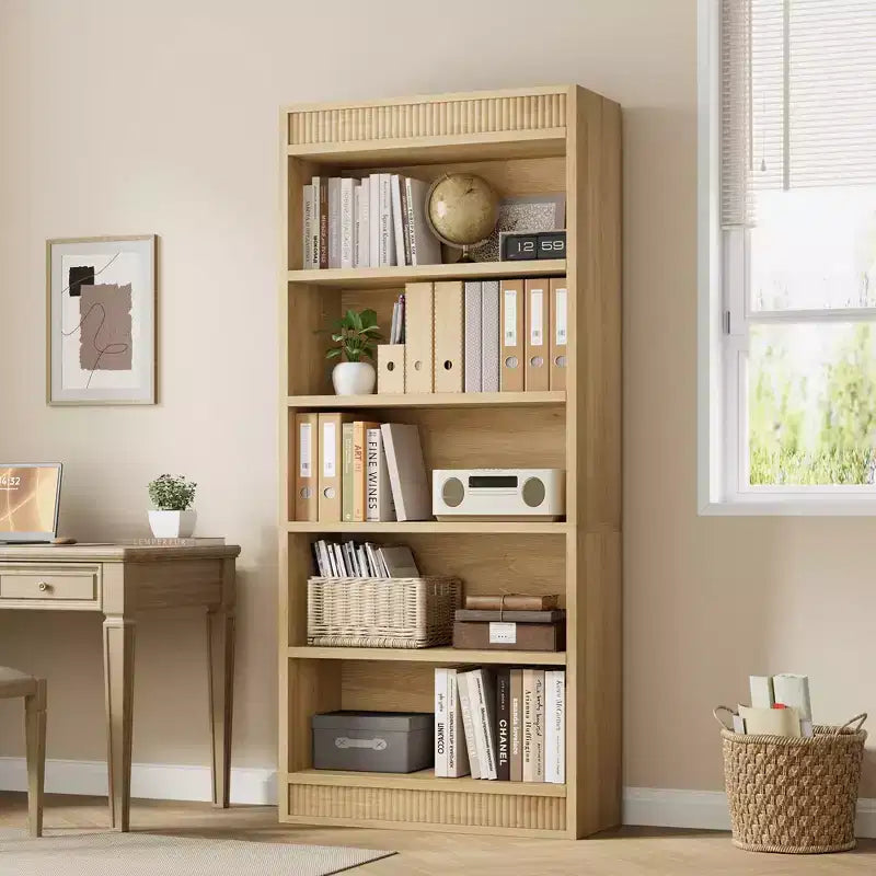 71 Farmhouse Bookcase w/Double Fluted Design, 5 Tier Tall Bookshelf with Wooden Base, Wooden Bookshelf