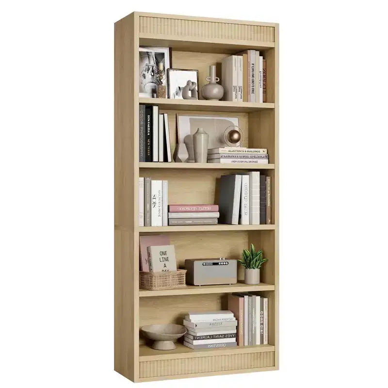 71 Farmhouse Bookcase w/Double Fluted Design, 5 Tier Tall Bookshelf with Wooden Base, Wooden Bookshelf