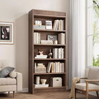71 Farmhouse Bookcase w/Double Fluted Design, 5 Tier Tall Bookshelf with Wooden Base, Wooden Bookshelf