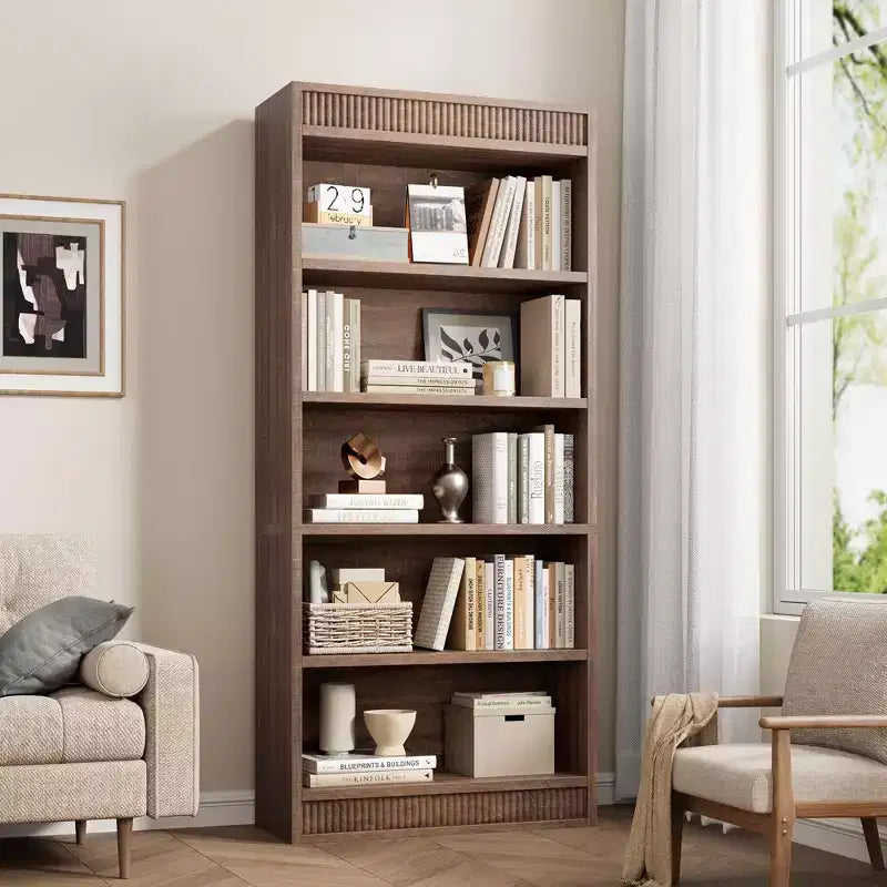 71 Farmhouse Bookcase w/Double Fluted Design, 5 Tier Tall Bookshelf with Wooden Base, Wooden Bookshelf