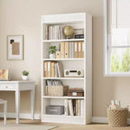 71 Farmhouse Bookcase w/Double Fluted Design, 5 Tier Tall Bookshelf with Wooden Base, Wooden Bookshelf