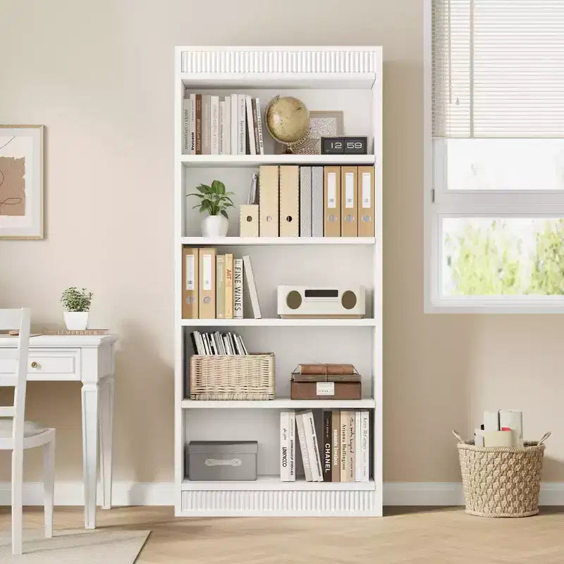71 Farmhouse Bookcase w/Double Fluted Design, 5 Tier Tall Bookshelf with Wooden Base, Wooden Bookshelf
