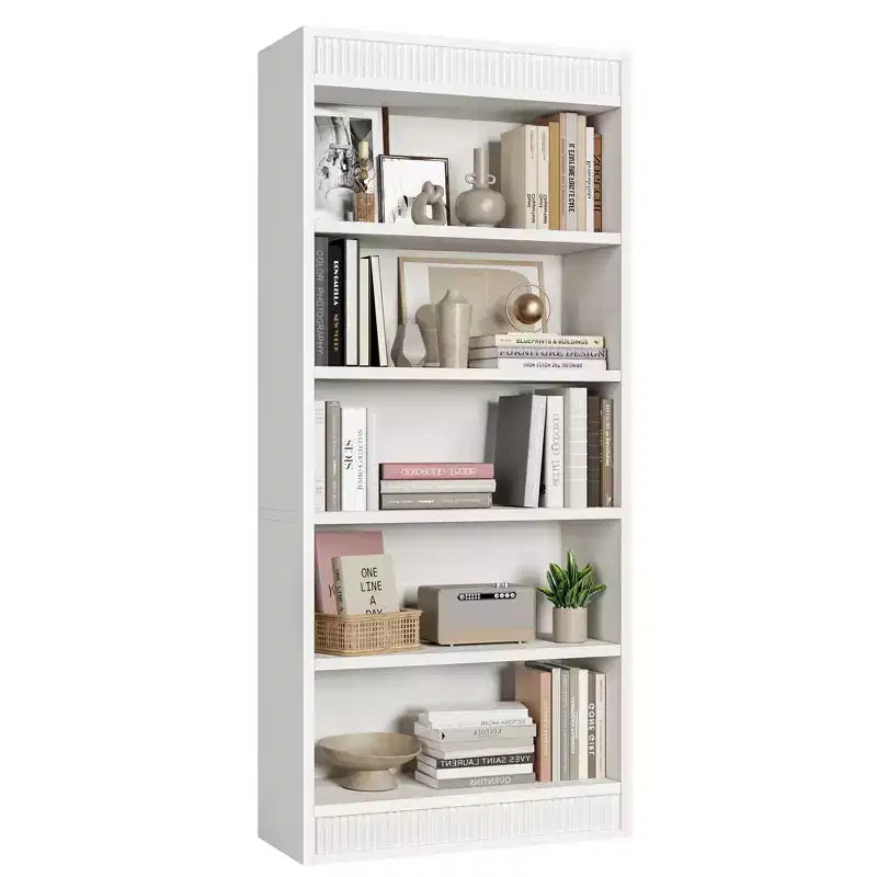 71 Farmhouse Bookcase w/Double Fluted Design, 5 Tier Tall Bookshelf with Wooden Base, Wooden Bookshelf