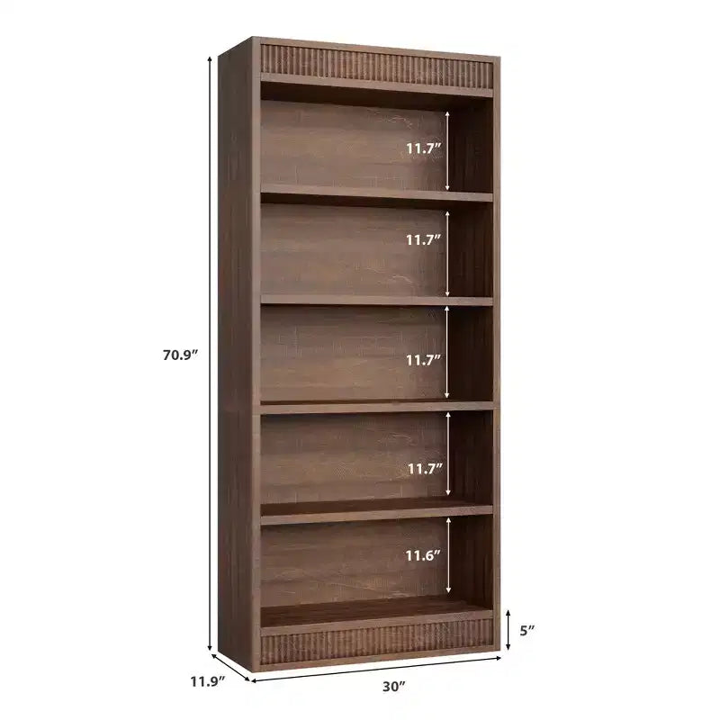 71 Farmhouse Bookcase w/Double Fluted Design, 5 Tier Tall Bookshelf with Wooden Base, Wooden Bookshelf