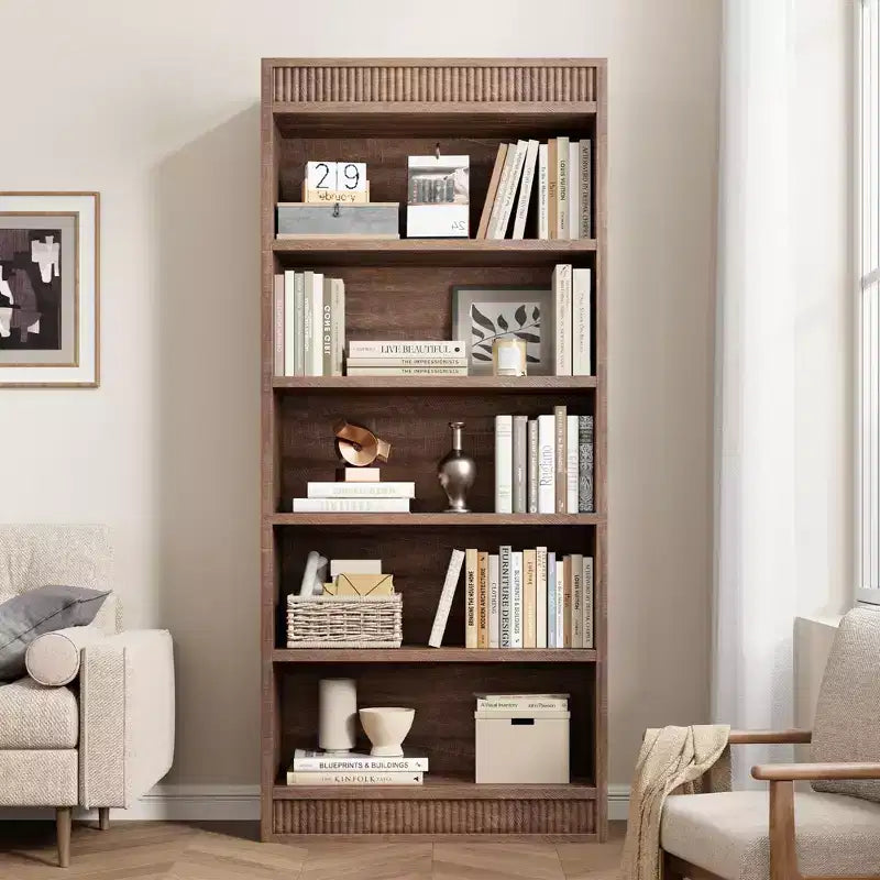 71 Farmhouse Bookcase w/Double Fluted Design, 5 Tier Tall Bookshelf with Wooden Base, Wooden Bookshelf