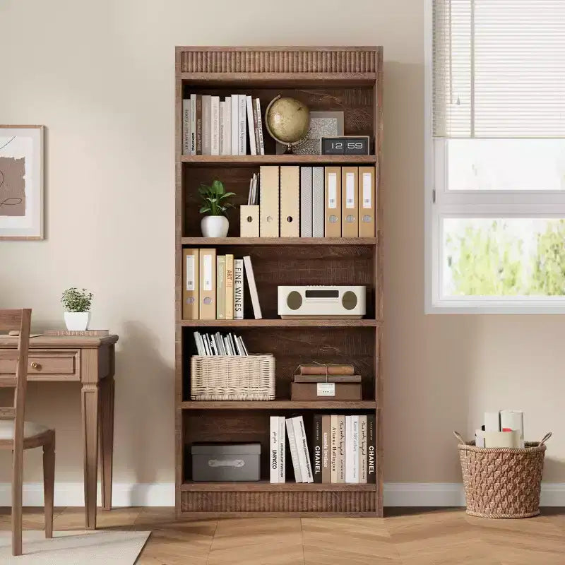 71 Farmhouse Bookcase w/Double Fluted Design, 5 Tier Tall Bookshelf with Wooden Base, Wooden Bookshelf