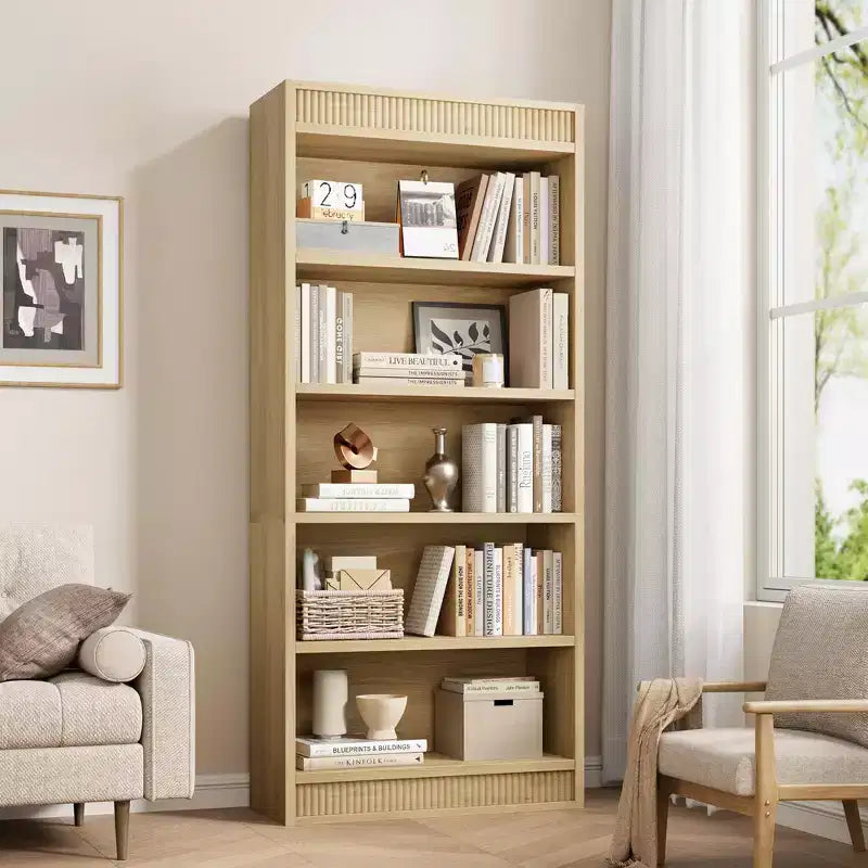 71 Farmhouse Bookcase w/Double Fluted Design, 5 Tier Tall Bookshelf with Wooden Base, Wooden Bookshelf