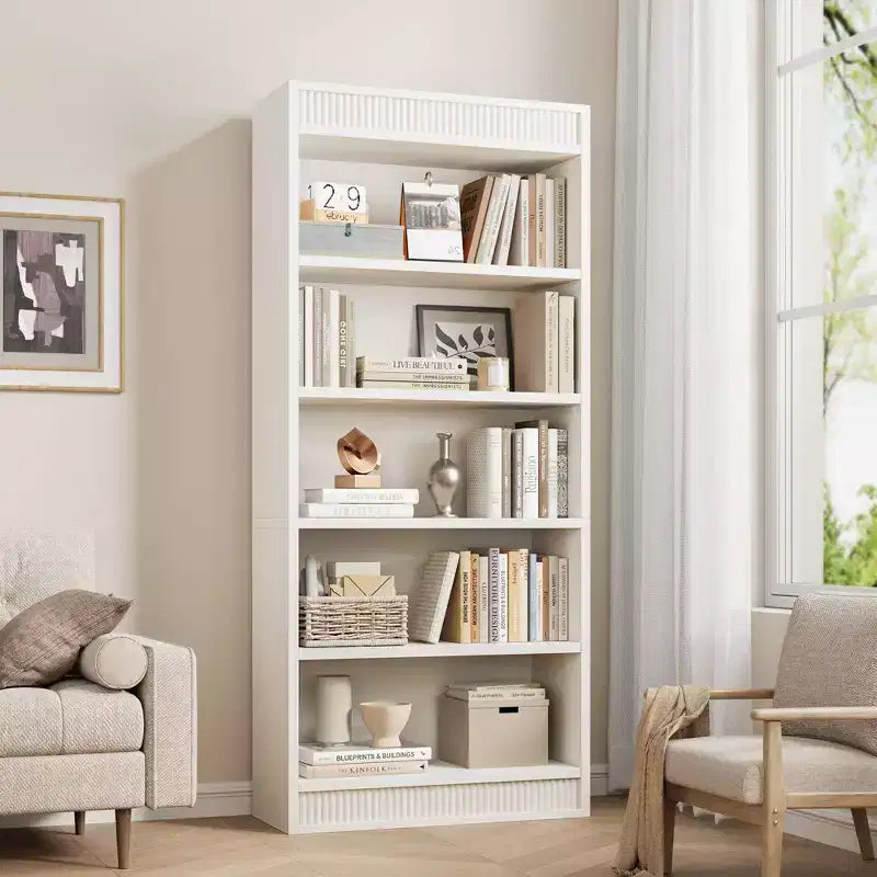 71 Farmhouse Bookcase w/Double Fluted Design, 5 Tier Tall Bookshelf with Wooden Base, Wooden Bookshelf