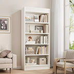 71 Farmhouse Bookcase w/Double Fluted Design, 5 Tier Tall Bookshelf with Wooden Base, Wooden Bookshelf