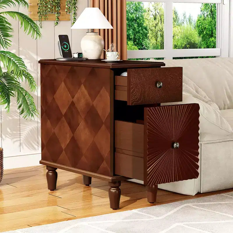 Modern Sofa Side Table With Drawer, Wooden Narrow End Table, Slim Bedroom Nightstand, Accent Bedside Table for Small Space Living Room Bedroom