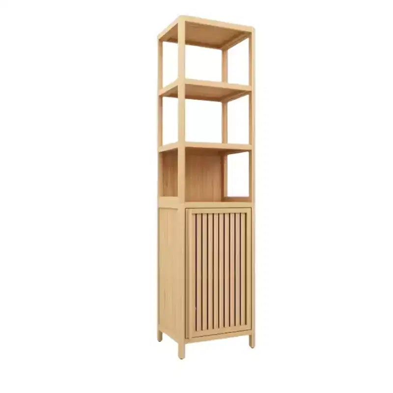 Tall Slim Storage Cabinet, Bamboo Bathroom Cabinet With Shutter Door And 3 Tier Shelves, Tower Corner Rack For Bathroom, Living Room, Kitchen Neutral