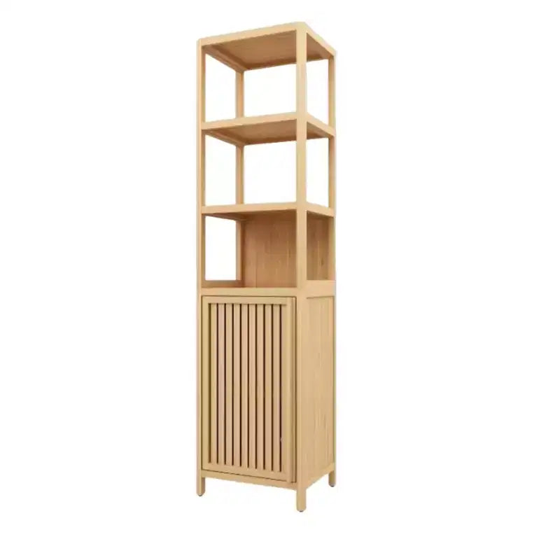 Tall Slim Storage Cabinet, Bamboo Bathroom Cabinet With Shutter Door And 3 Tier Shelves, Tower Corner Rack For Bathroom, Living Room, Kitchen Neutral