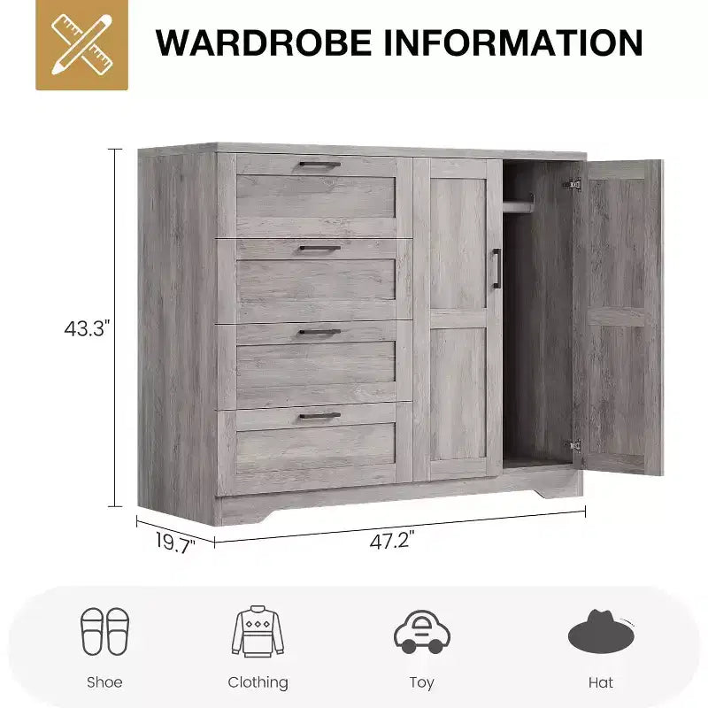 PB Board Double-Door 4-Drawer Wardrobe Gray | Bedroom, Kids' Room, Small Space