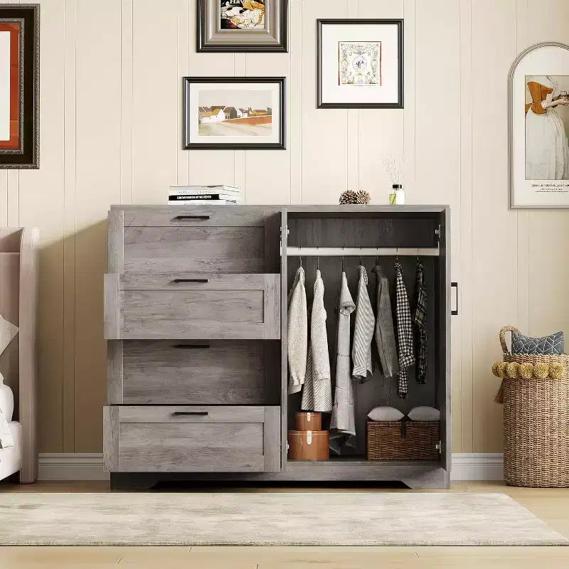 PB Board Double-Door 4-Drawer Wardrobe Gray | Bedroom, Kids' Room, Small Space