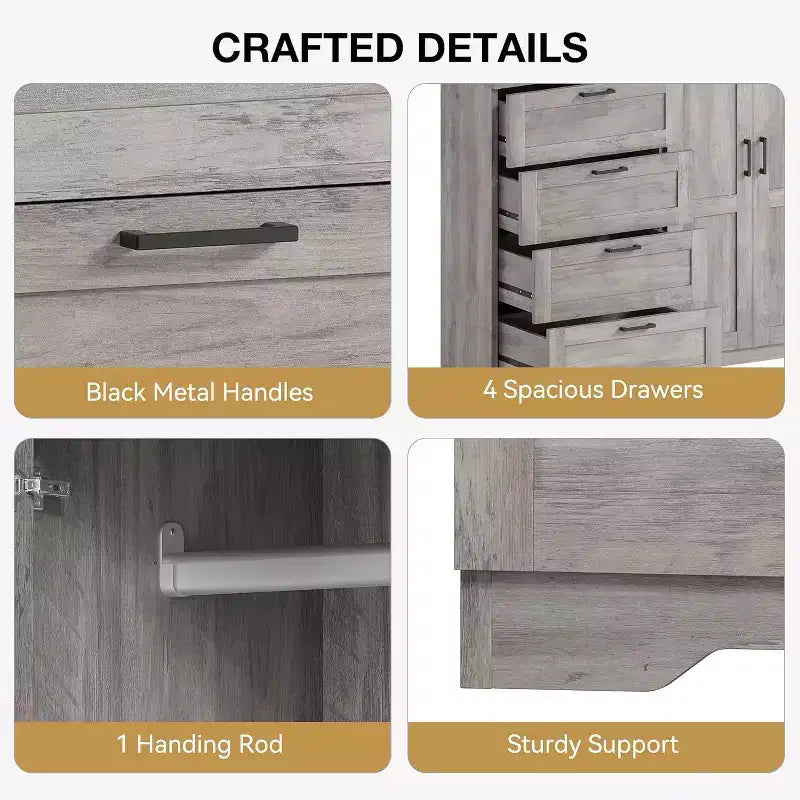 PB Board Double-Door 4-Drawer Wardrobe Gray | Bedroom, Kids' Room, Small Space