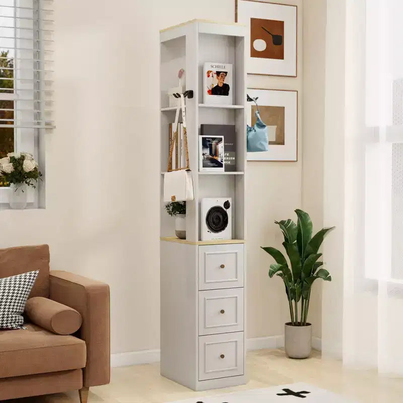 73 Tall Slim Storage Cabinet, 3-Tier Media Storage Cabinet with 3 Drawers and 2 Hooks, Bookcase Display Storage Shelves, Cube CD, DVD, game console