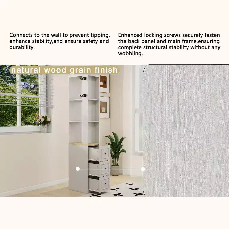 73 Tall Slim Storage Cabinet, 3-Tier Media Storage Cabinet with 3 Drawers and 2 Hooks, Bookcase Display Storage Shelves, Cube CD, DVD, game console