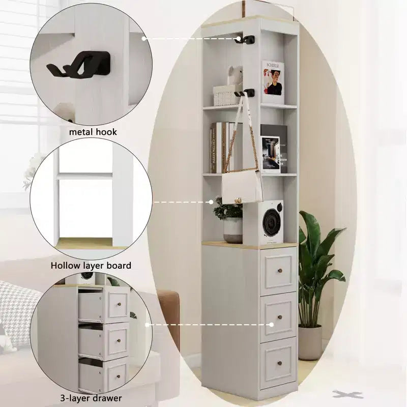 73 Tall Slim Storage Cabinet, 3-Tier Media Storage Cabinet with 3 Drawers and 2 Hooks, Bookcase Display Storage Shelves, Cube CD, DVD, game console