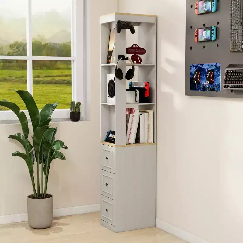 73 Tall Slim Storage Cabinet, 3-Tier Media Storage Cabinet with 3 Drawers and 2 Hooks, Bookcase Display Storage Shelves, Cube CD, DVD, game console