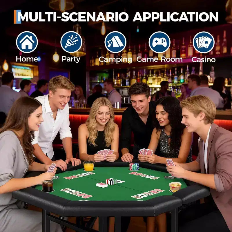 48 Folding Poker Table with 8 Players, Protable Folding Game Table Padded Rails  Stainless Steel Cup Holders  Collapsible Metal Legs