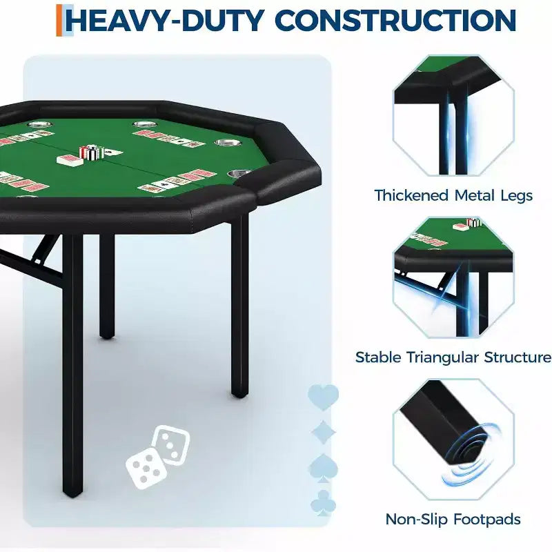 48 Folding Poker Table with 8 Players, Protable Folding Game Table Padded Rails  Stainless Steel Cup Holders  Collapsible Metal Legs