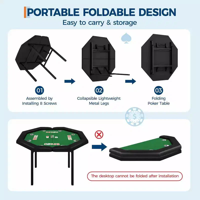 48 Folding Poker Table with 8 Players, Protable Folding Game Table Padded Rails  Stainless Steel Cup Holders  Collapsible Metal Legs