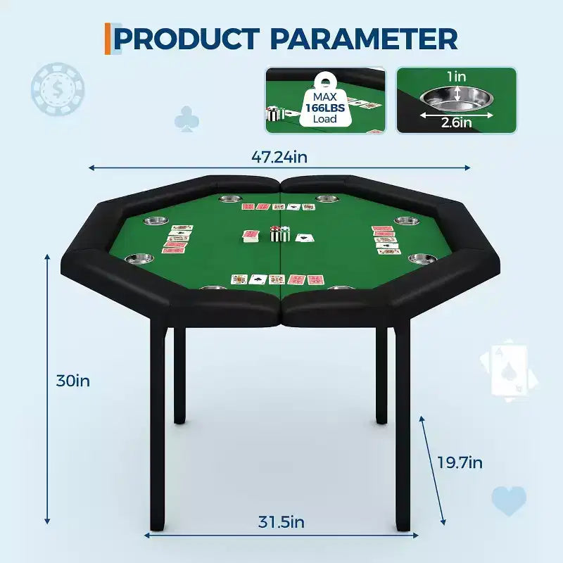 48 Folding Poker Table with 8 Players, Protable Folding Game Table Padded Rails  Stainless Steel Cup Holders  Collapsible Metal Legs