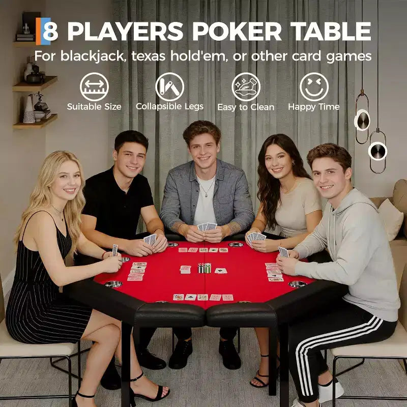 48 Folding Poker Table with 8 Players, Protable Folding Game Table Padded Rails  Stainless Steel Cup Holders  Collapsible Metal Legs