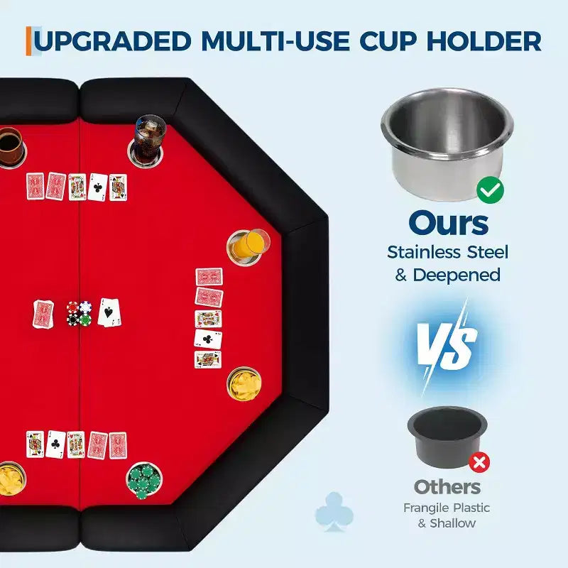 48 Folding Poker Table with 8 Players, Protable Folding Game Table Padded Rails  Stainless Steel Cup Holders  Collapsible Metal Legs