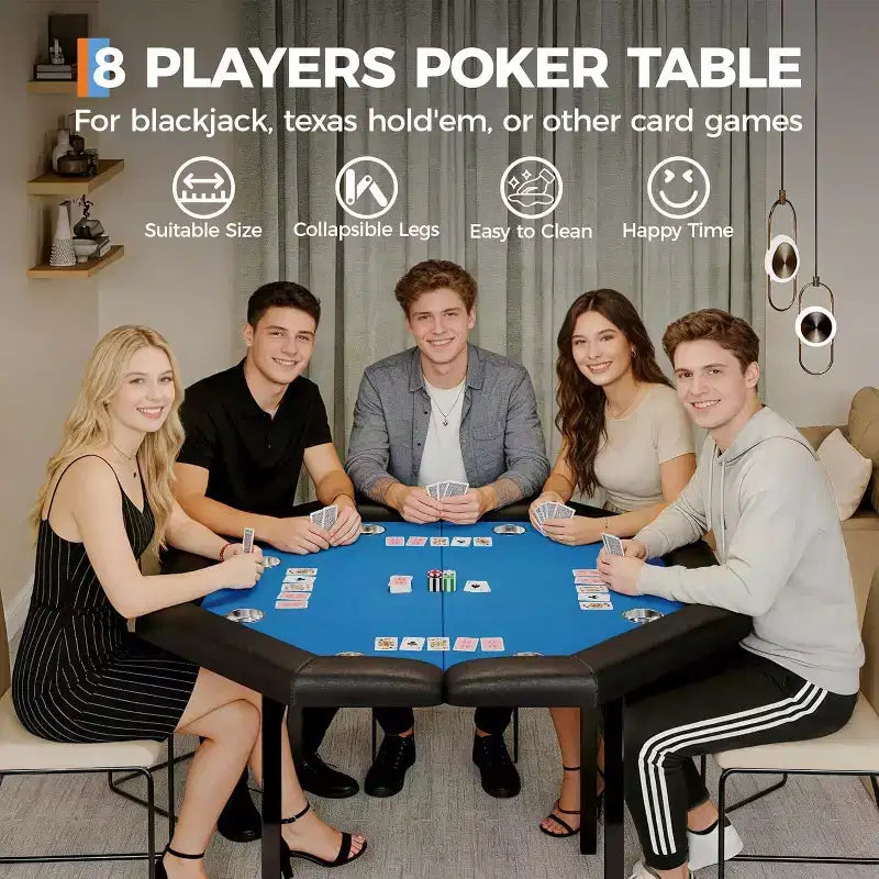 48 Folding Poker Table with 8 Players, Protable Folding Game Table Padded Rails  Stainless Steel Cup Holders  Collapsible Metal Legs