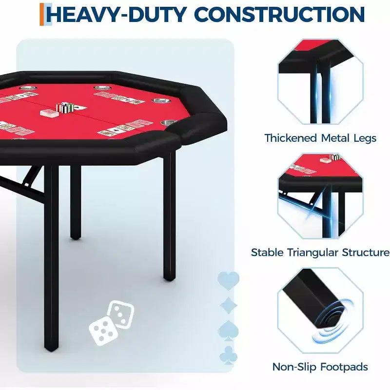 48 Folding Poker Table with 8 Players, Protable Folding Game Table Padded Rails  Stainless Steel Cup Holders  Collapsible Metal Legs