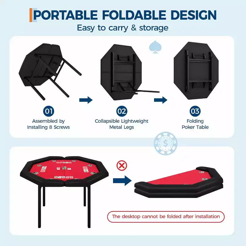 48 Folding Poker Table with 8 Players, Protable Folding Game Table Padded Rails  Stainless Steel Cup Holders  Collapsible Metal Legs