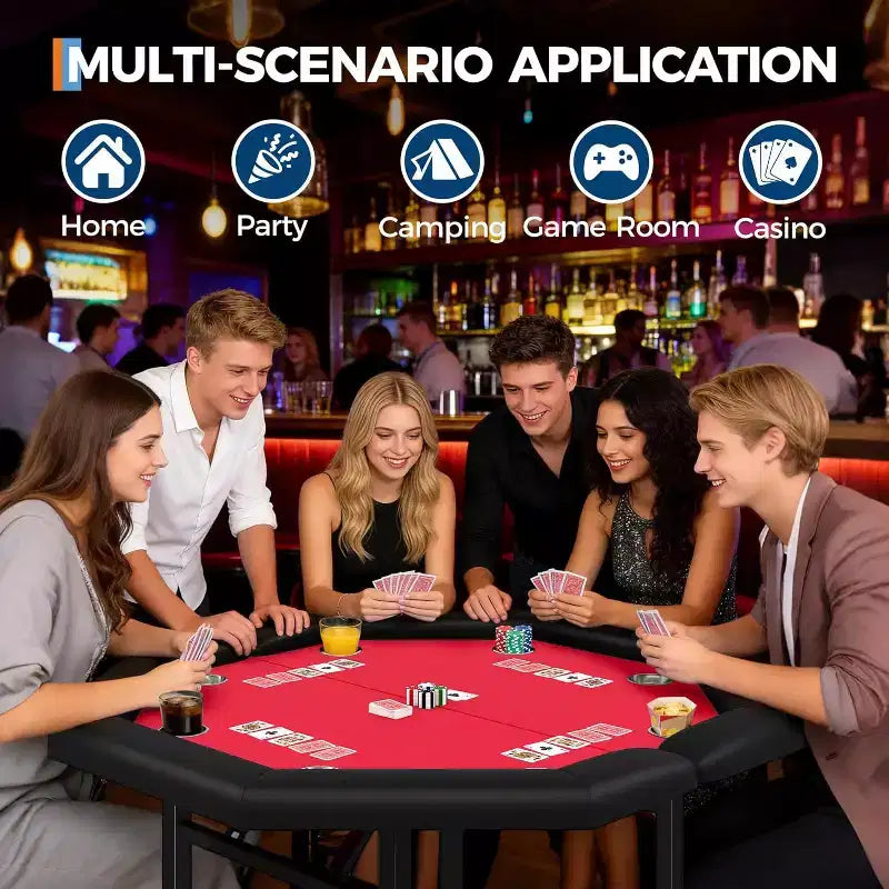 48 Folding Poker Table with 8 Players, Protable Folding Game Table Padded Rails  Stainless Steel Cup Holders  Collapsible Metal Legs