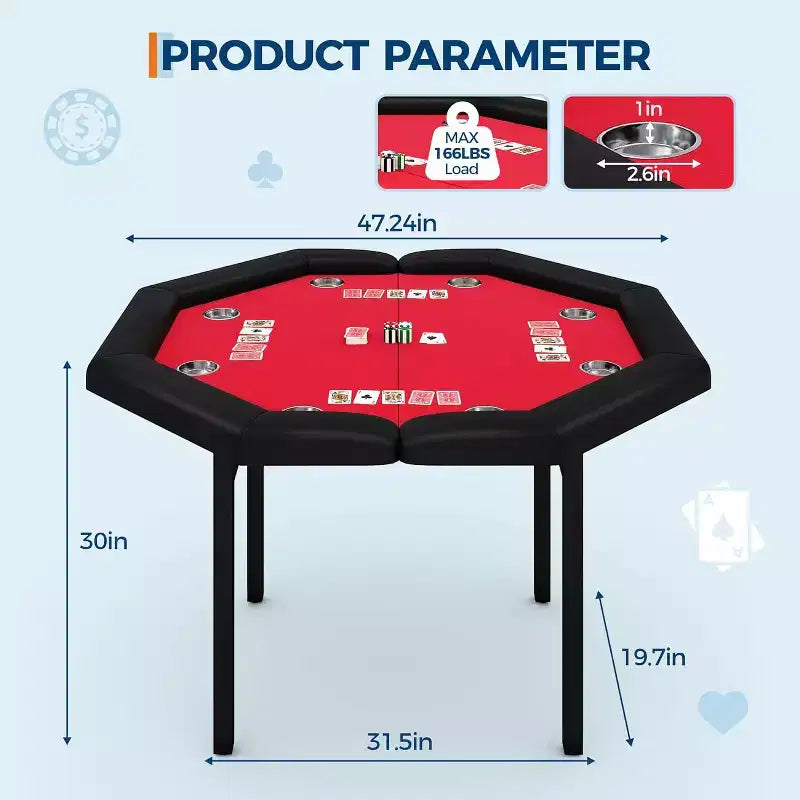 48 Folding Poker Table with 8 Players, Protable Folding Game Table Padded Rails  Stainless Steel Cup Holders  Collapsible Metal Legs